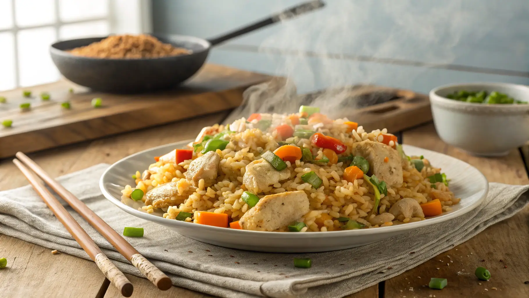 Plate of Benihana chicken fried rice recipe with chopsticks on wooden table