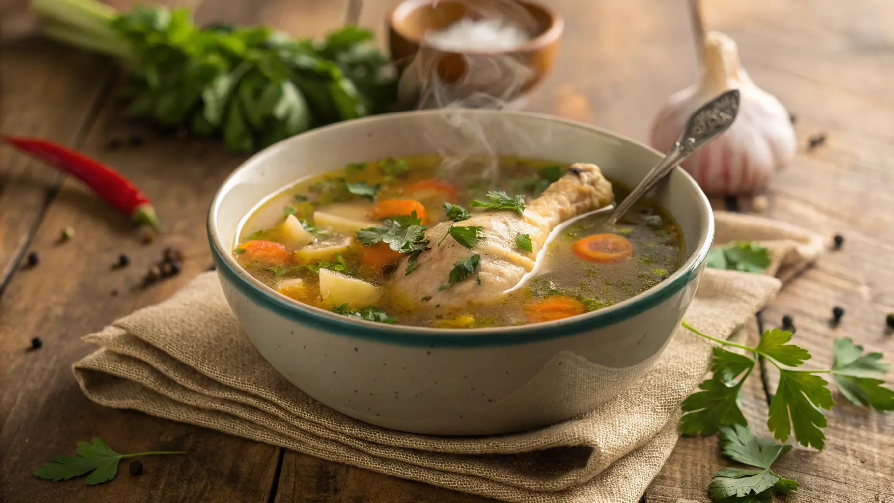 Steaming bowl of chicken drumstick soup with veggies and bread