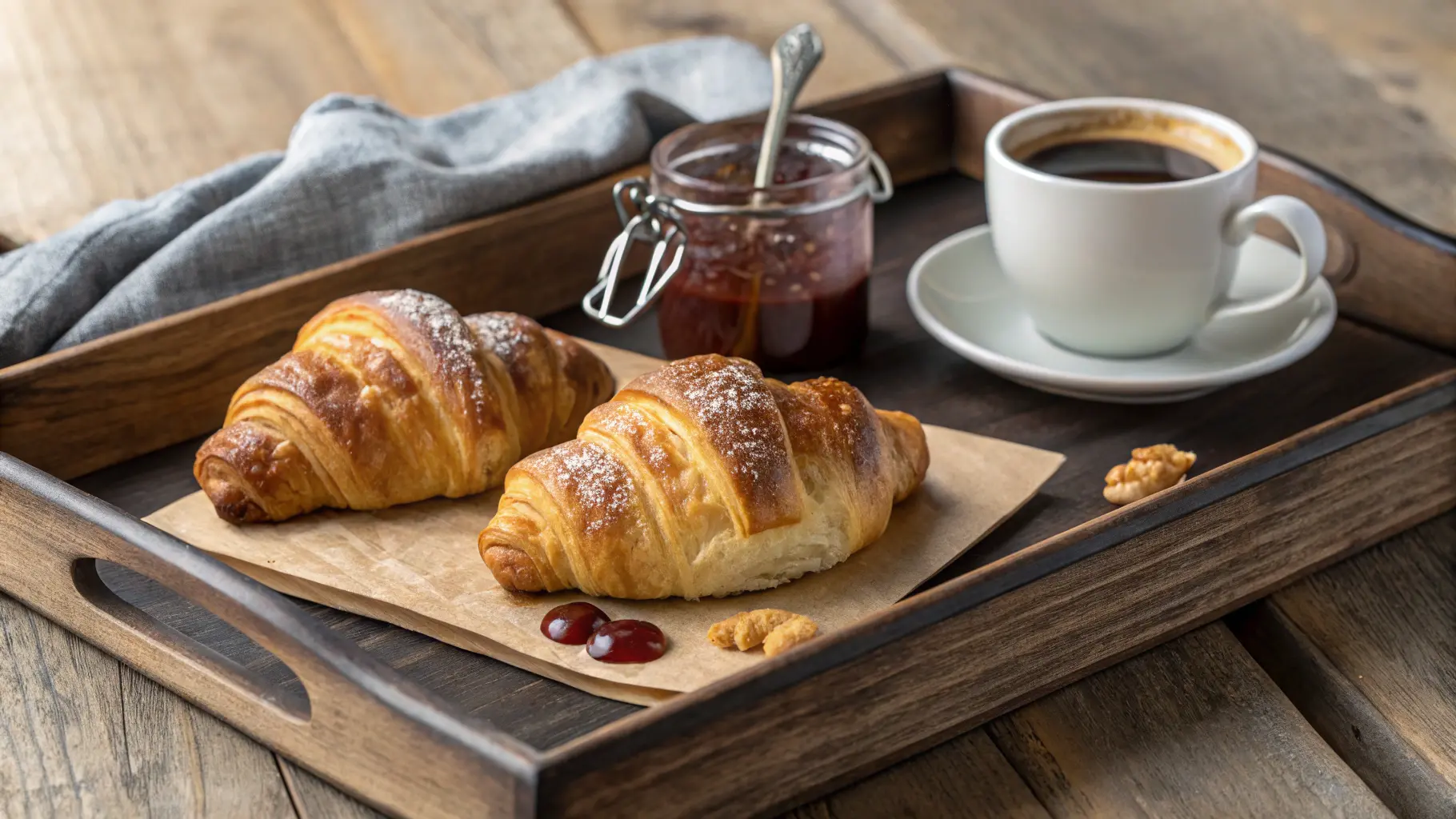 Golden Gipfeli recipe pastries freshly baked on a rustic wooden table with coffee.