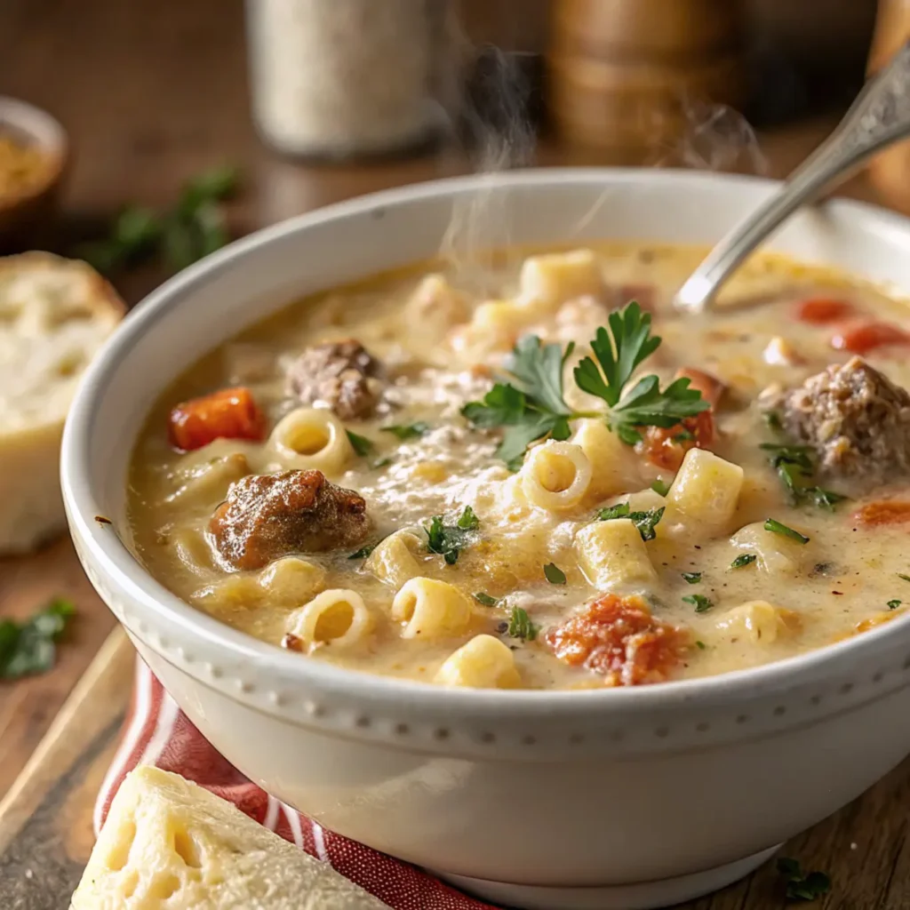 Creamy parmesan broth with heavy cream and melting parmesan in a pot