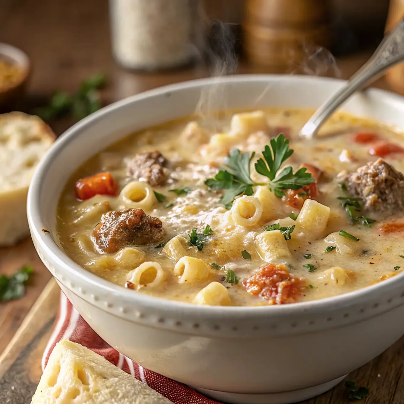 Creamy parmesan broth with heavy cream and melting parmesan in a pot