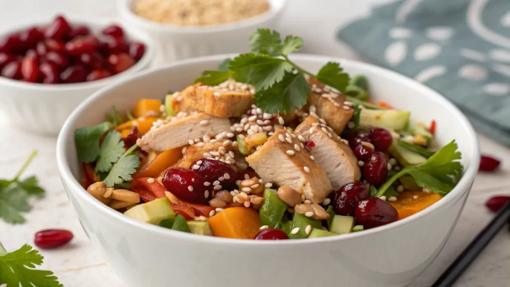 Delicious and vibrant Asian Cranberry Chicken Salad in a white bowl, overhead shot.