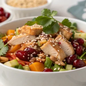 Delicious and vibrant Asian Cranberry Chicken Salad in a white bowl, overhead shot.