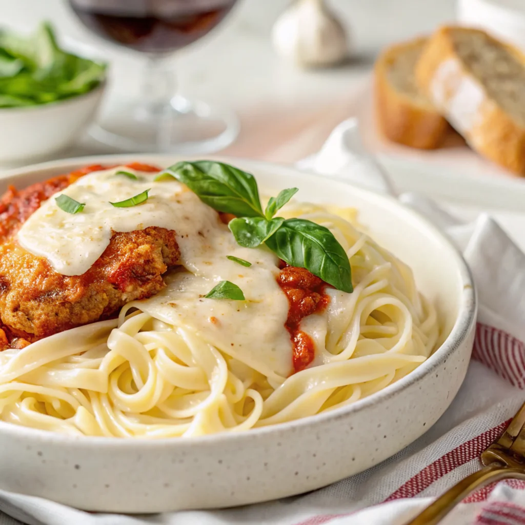 Close-up of chicken parmesan with alfredo sauce and melted mozzarella on a plate with fettuccine.