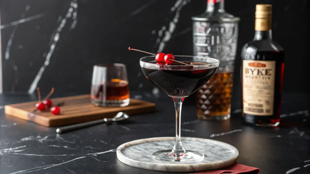 Black Manhattan cocktail in a chilled coupe glass with maraschino cherry garnish on a black marble background.