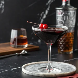 Black Manhattan cocktail in a chilled coupe glass with maraschino cherry garnish on a black marble background.