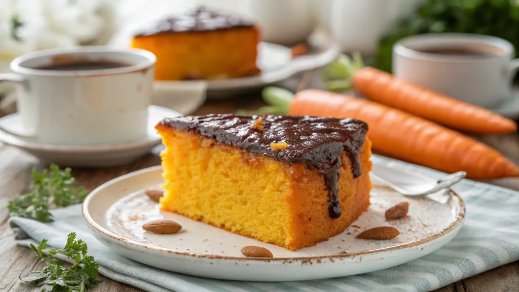 Slice of Brazilian carrot cake with chocolate brigadeiro topping on a white plate.