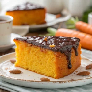 Slice of Brazilian carrot cake with chocolate brigadeiro topping on a white plate.