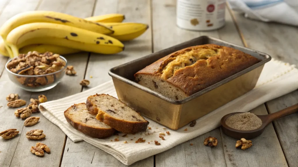 Freshly baked cake mix banana bread loaf with ripe bananas and cake mix box on a wooden table.