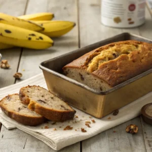Freshly baked cake mix banana bread loaf with ripe bananas and cake mix box on a wooden table.
