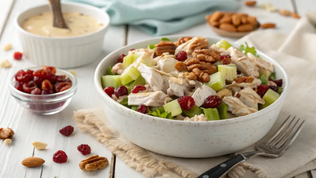 Close-up of Cape Cod Chicken Salad in a white bowl with cranberries and pecans