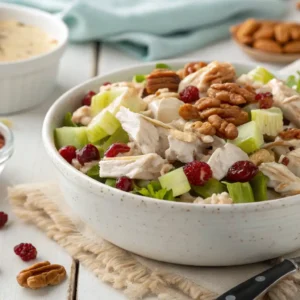 Close-up of Cape Cod Chicken Salad in a white bowl with cranberries and pecans