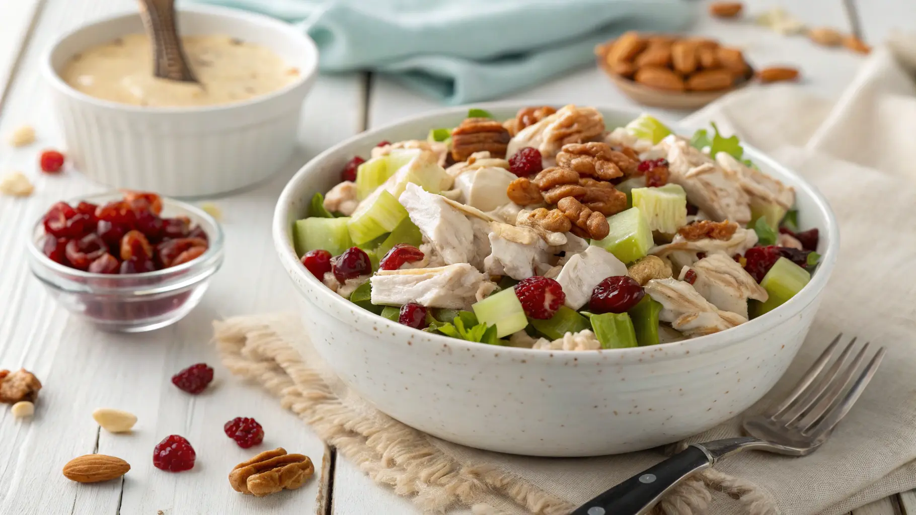Close-up of Cape Cod Chicken Salad in a white bowl with cranberries and pecans