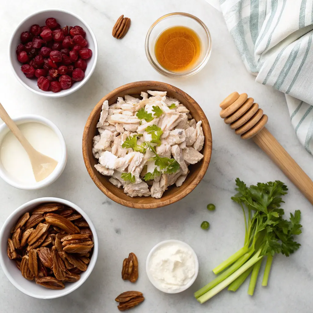 Flat lay of Cape Cod Chicken Salad ingredients on marble surface