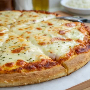 Golden-brown cottage cheese pizza crust with melted cheese and fresh toppings on a wooden table