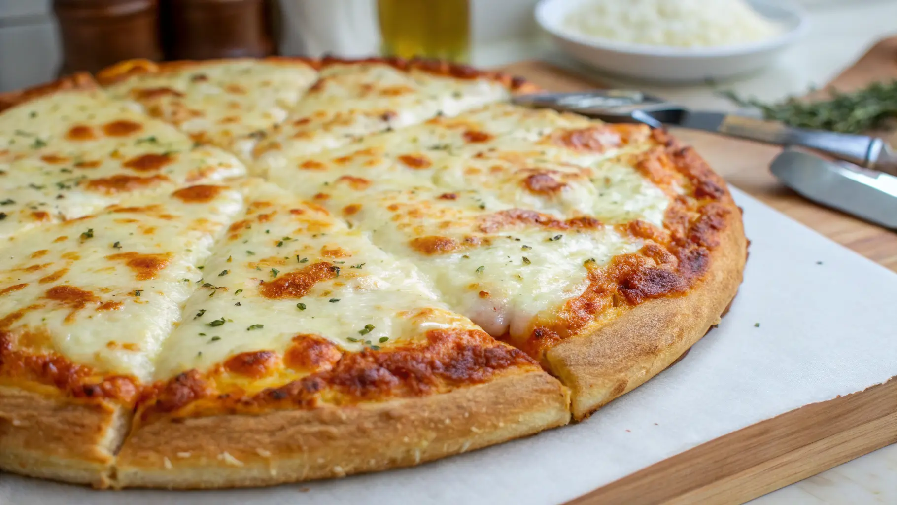 Golden-brown cottage cheese pizza crust with melted cheese and fresh toppings on a wooden table