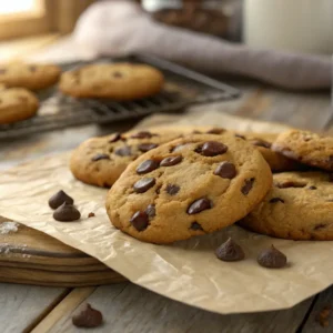 Close-up of freshly baked small batch chocolate chip cookies on a wooden table