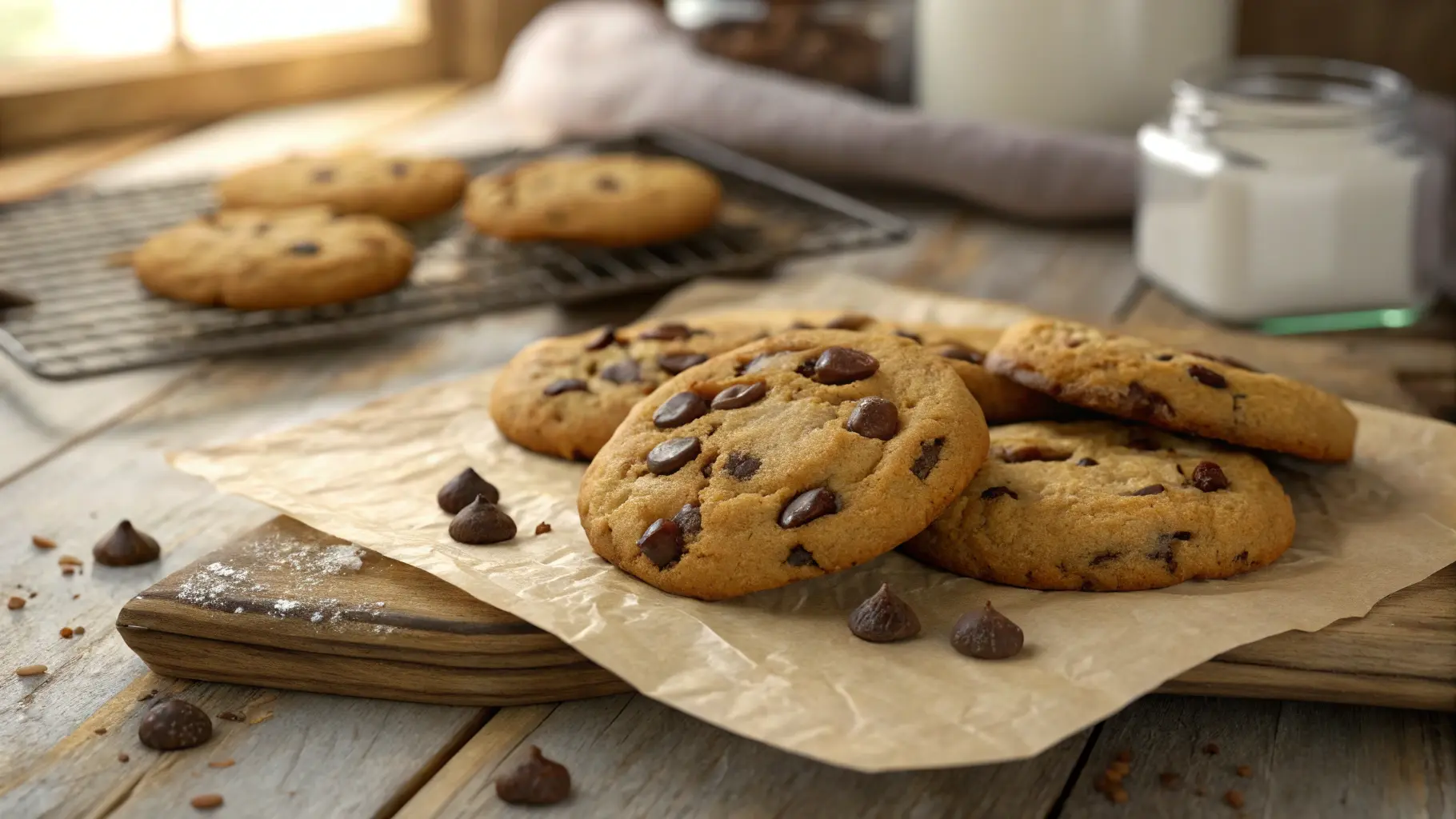 Close-up of freshly baked small batch chocolate chip cookies on a wooden table
