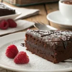 Slice of gluten-free chocolate cake with ganache on a white plate.