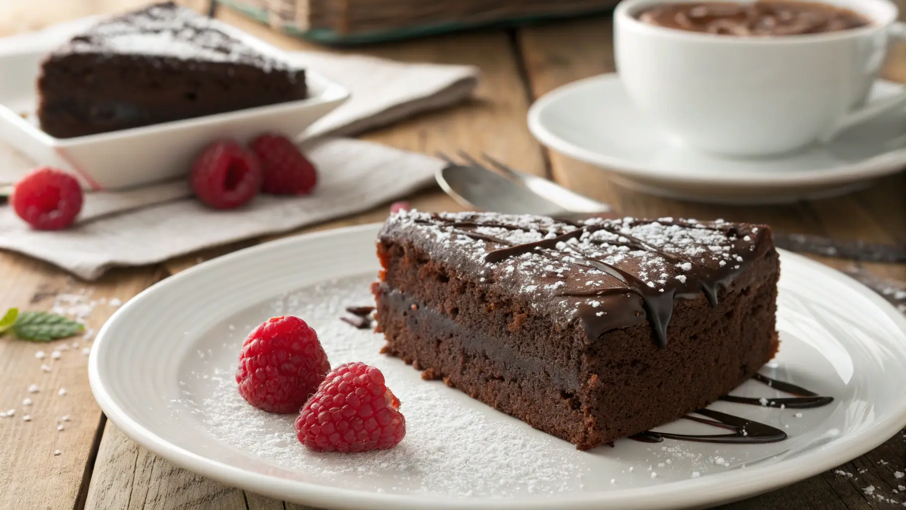 Slice of gluten-free chocolate cake with ganache on a white plate.