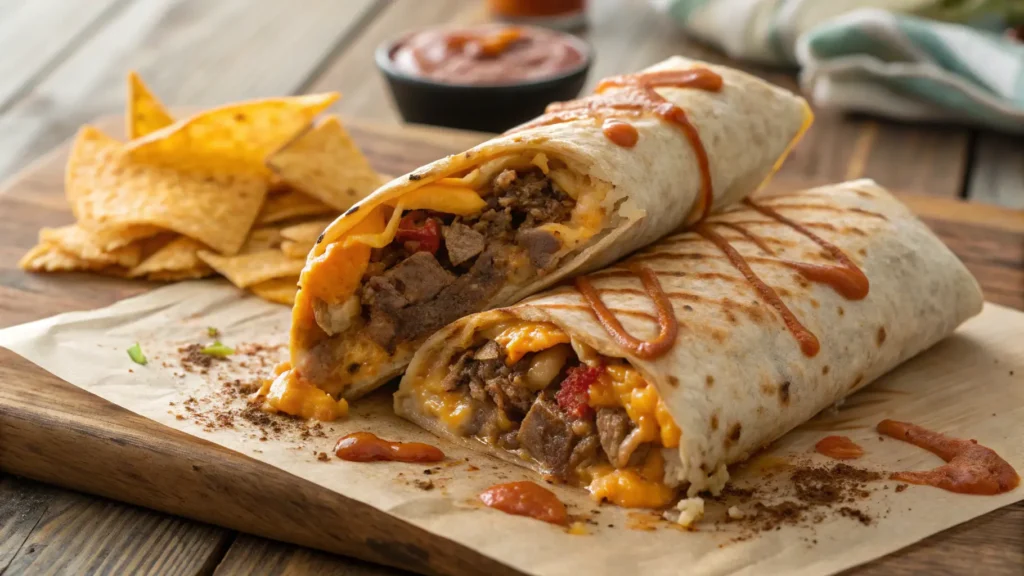 Close-up of a sliced grilled cheese burrito with melted cheese and beef filling.