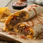 Close-up of a sliced grilled cheese burrito with melted cheese and beef filling.