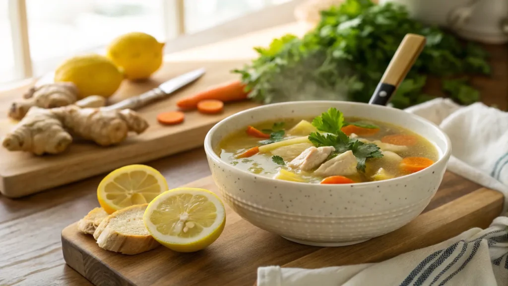 Steaming bowl of lemon ginger chicken soup with lemon slice and parsley garnish on a wooden table.