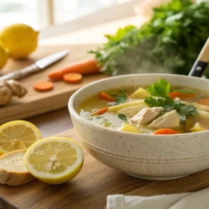 Steaming bowl of lemon ginger chicken soup with lemon slice and parsley garnish on a wooden table.