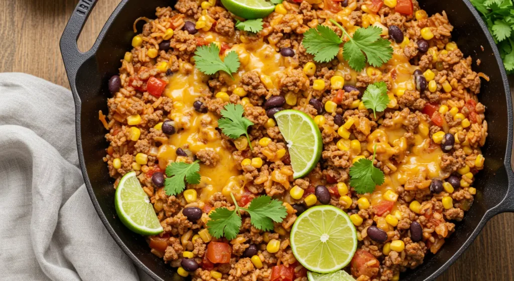 Overhead view of a Mexican beef and rice skillet with melted cheese and cilantro garnish.