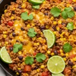Overhead view of a Mexican beef and rice skillet with melted cheese and cilantro garnish.