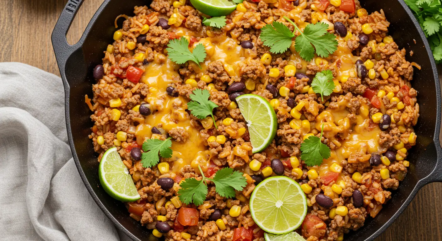 Overhead view of a Mexican beef and rice skillet with melted cheese and cilantro garnish.