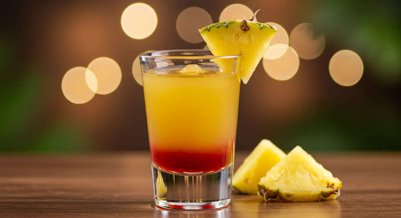 Close-up of a pineapple upside down cake shot with pineapple juice and grenadine layers.