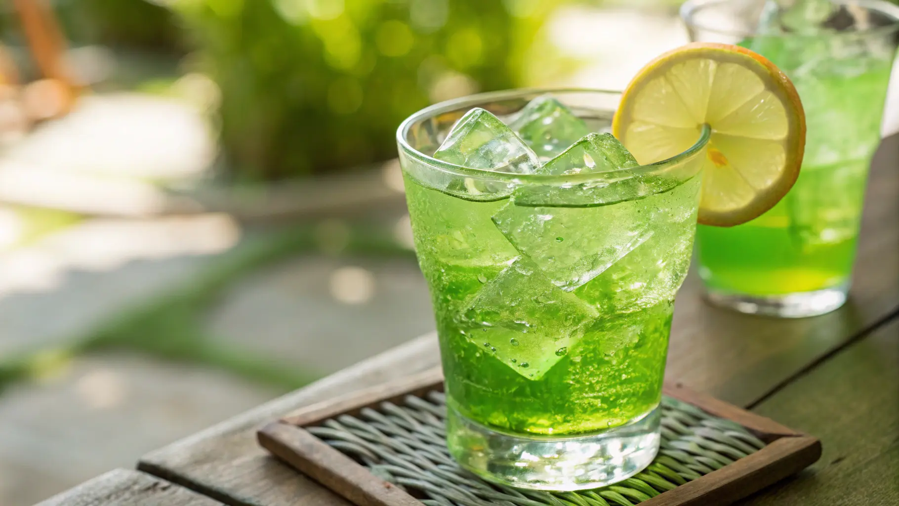 Close-up of a green tea shot in a shot glass with a lemon garnish