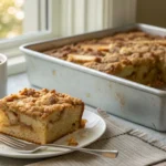 Freshly baked apple coffee cake with streusel topping in a pan