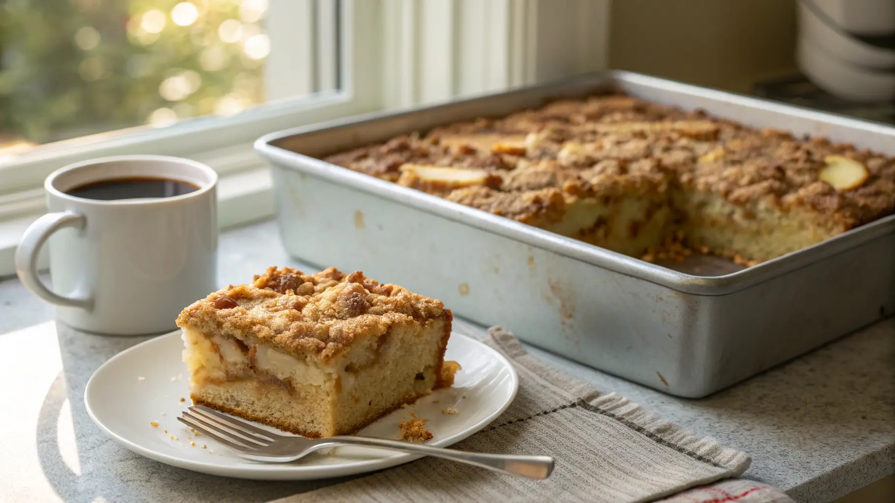 Freshly baked apple coffee cake with streusel topping in a pan