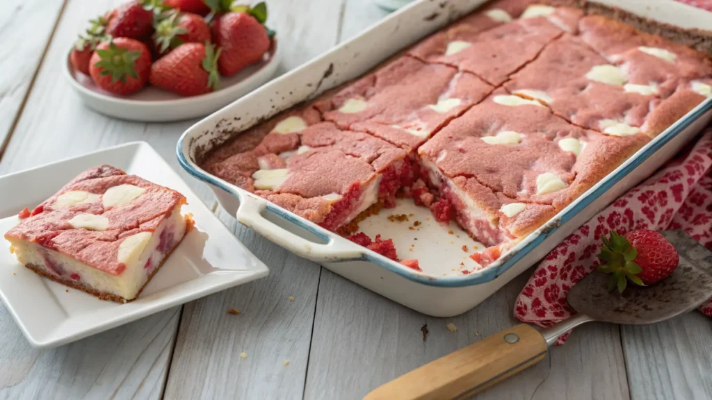Close-up of a strawberry earthquake cake with cracked top and cream cheese swirls.