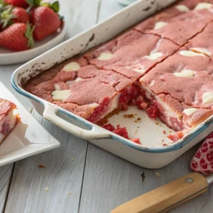 Close-up of a strawberry earthquake cake with cracked top and cream cheese swirls.