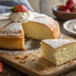 Vanilla cloud cake slice with whipped cream and strawberries on a wooden table" Title: "Fluffy Vanilla Cloud Cake Recipe Result