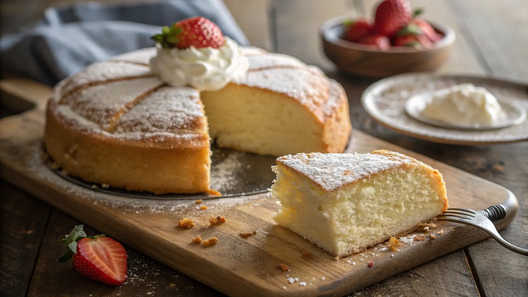 Vanilla cloud cake slice with whipped cream and strawberries on a wooden table" Title: "Fluffy Vanilla Cloud Cake Recipe Result