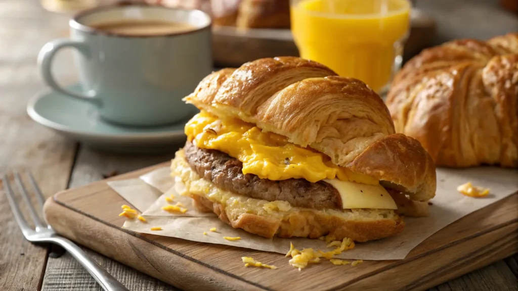 Close-up of a sausage egg cheese croissant on a wooden table with coffee and juice in the background.