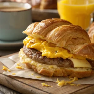 Close-up of a sausage egg cheese croissant on a wooden table with coffee and juice in the background.