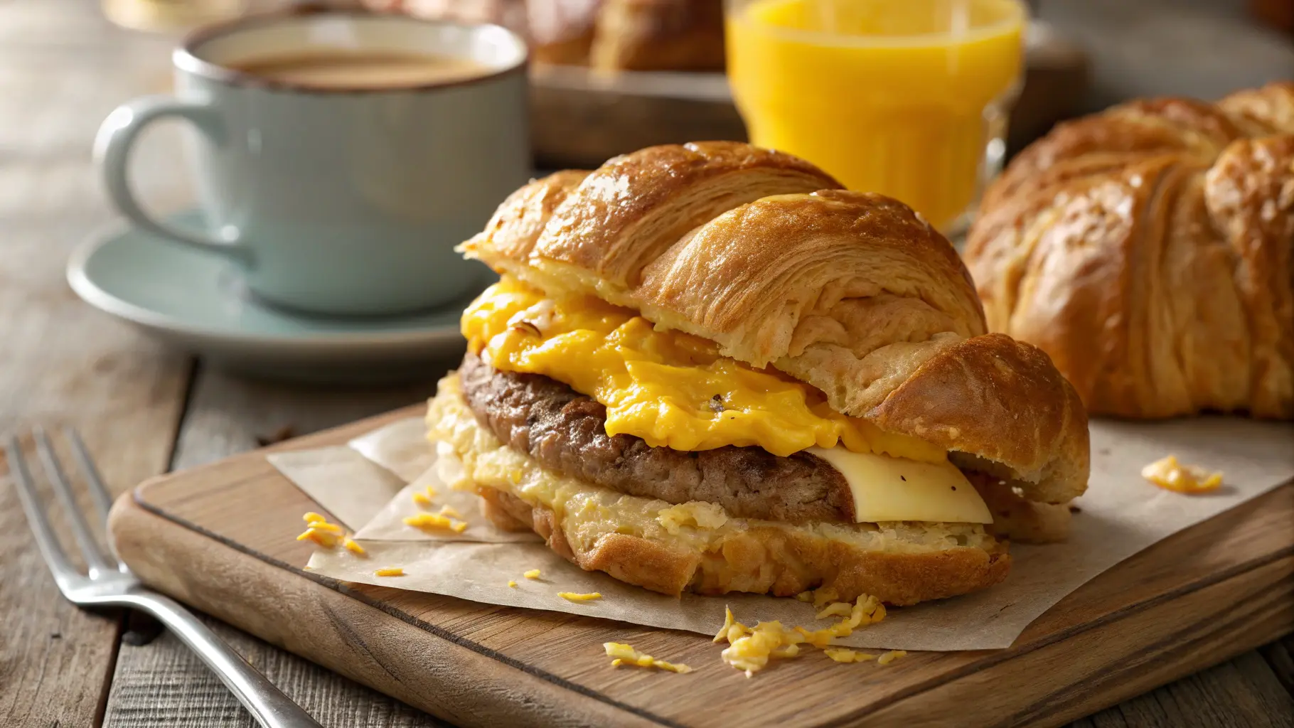 Close-up of a sausage egg cheese croissant on a wooden table with coffee and juice in the background.