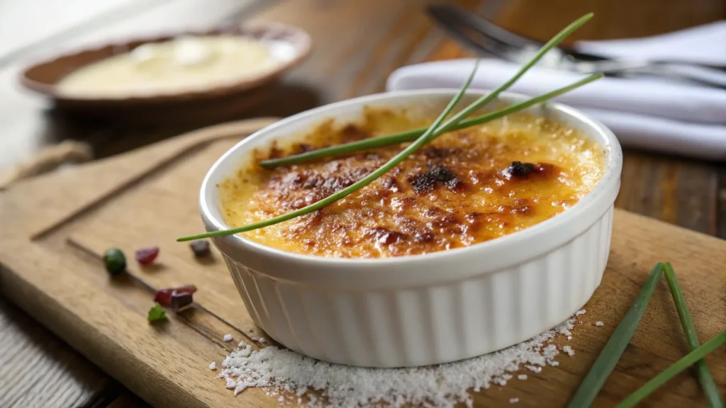 Close-up of a crab brulee with caramelized sugar topping in a ramekin