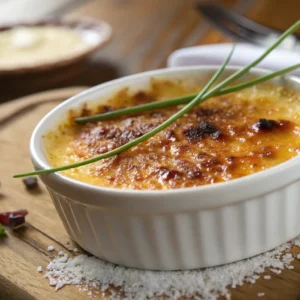 Close-up of a crab brulee with caramelized sugar topping in a ramekin