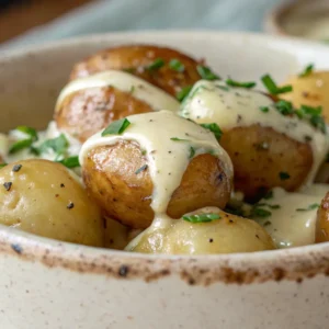 Close-up of creamy garlic sauce baby potatoes in a white bowl with parsley garnish
