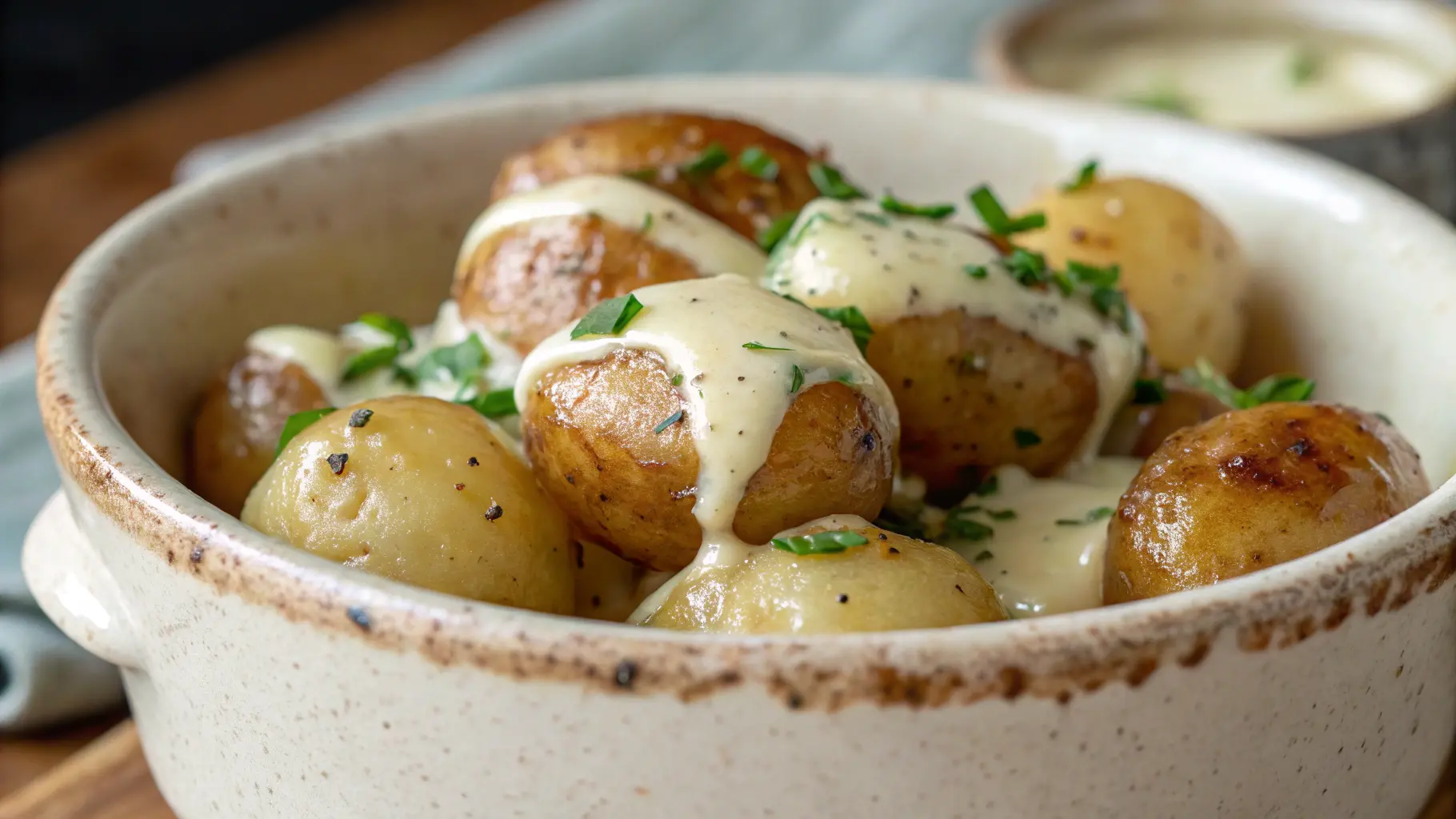 Close-up of creamy garlic sauce baby potatoes in a white bowl with parsley garnish