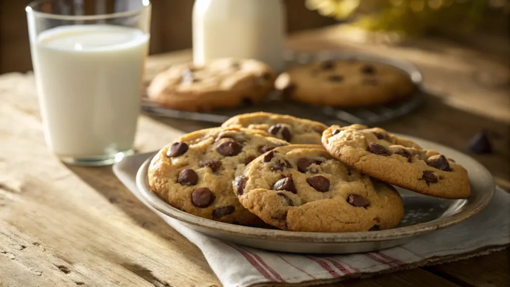 Freshly baked Nestle Toll House chocolate chip cookies on a wire rack with a glass of milk in the background.