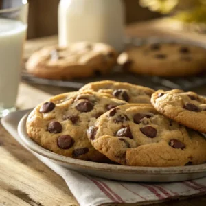 Freshly baked Nestle Toll House chocolate chip cookies on a wire rack with a glass of milk in the background.