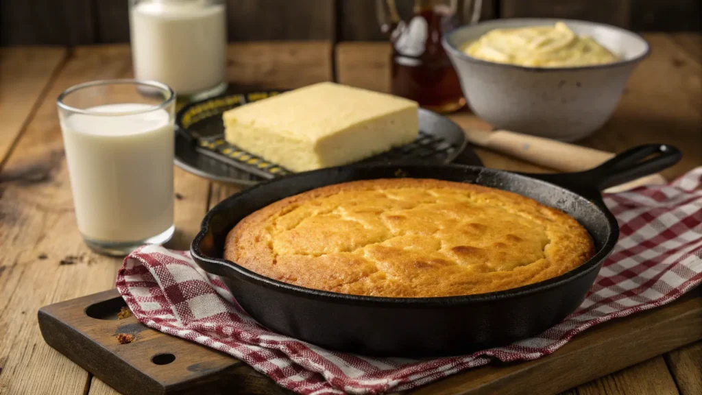 Golden White Lily cornbread in a cast iron skillet on a rustic table
