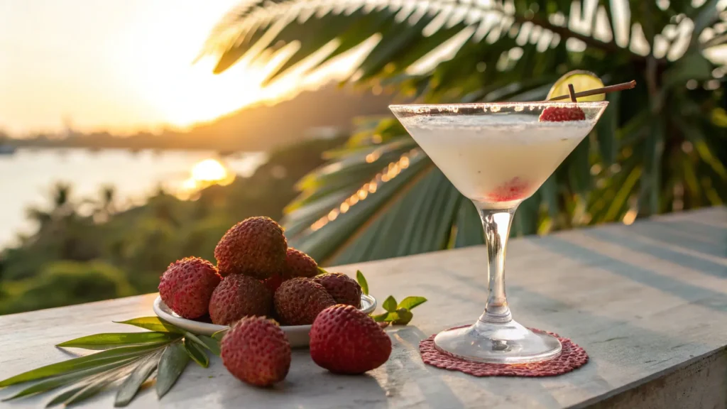 Close-up of a lychee martini in a martini glass with lychee garnish and tropical background